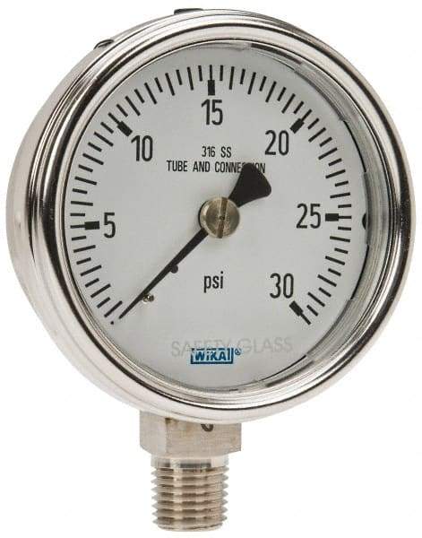 Wika - 2-1/2" Dial, 1/4 Thread, 0-30 Scale Range, Pressure Gauge - Lower Connection Mount, Accurate to 2-1-2% of Scale - All Tool & Supply