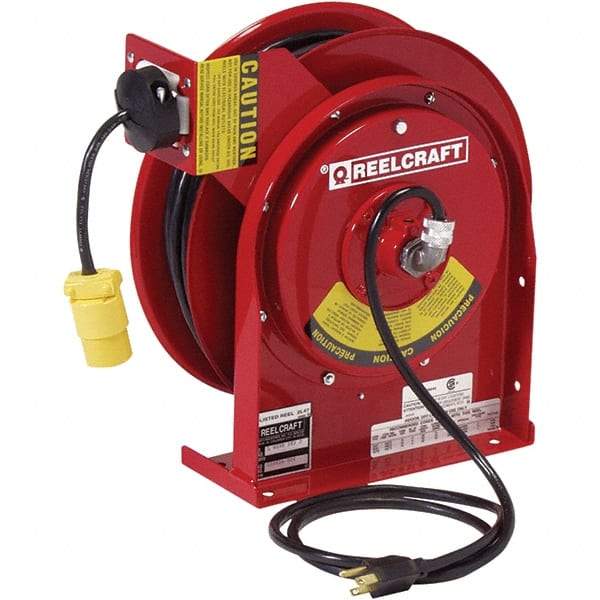 Reelcraft - 16 AWG, 50' Cable Length, Cord & Cable Reel with Single Nema 5-15 End - 1 Outlet, NEMA 4, 13 Amps, 125 Volts, SJTOW Cable, Red Reel, Spring Driven Reel - All Tool & Supply