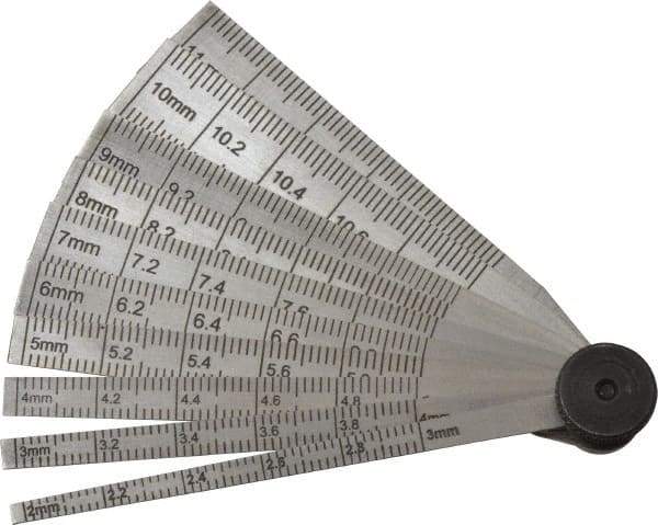 SPI - 2 to 12mm Measurement, 10 Leaf Taper Gage - 64mm Long, Tempered Steel, 0.02mm Graduation - All Tool & Supply