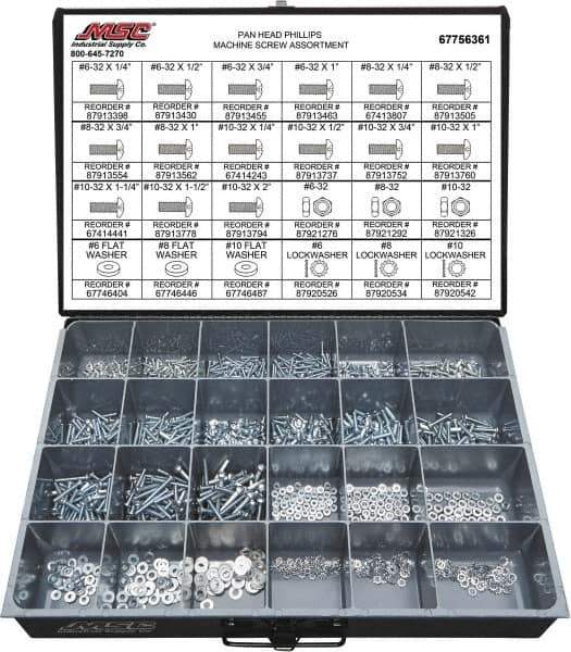 Value Collection - 1,200 Piece, #6-32 to #10-32, Steel Machine Screw Assortment - Pan Head, Phillips Drive, 1/4 to 2" Long, Grade 2 - All Tool & Supply