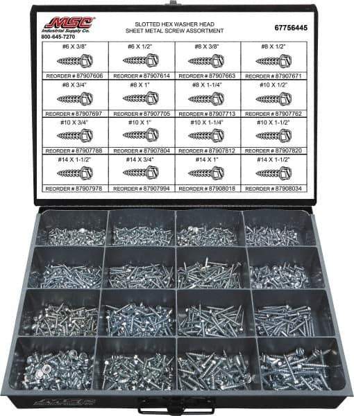 Value Collection - 1,350 Piece, #6x3/8 to #14 x 1-1/2, Steel Sheet Metal Screw Assortment - Hex Washer Head, Slotted Drive, 3/8 to 1-1/2" Long, Grade 2 - All Tool & Supply