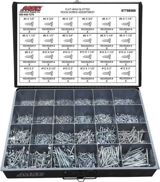 Value Collection - 2,400 Piece, #4x1/2 to #10 x 1-1/4, Steel Wood Screw Assortment - Flat Head, Slotted Drive, 1/2 to 3" Long, Grade 2 - All Tool & Supply