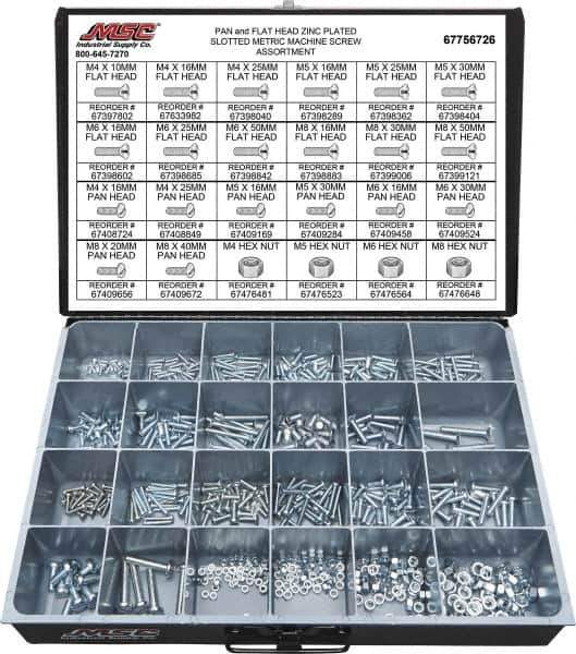 Value Collection - 590 Piece, M4x10.00 to M8x50.00, Steel Machine Screw Assortment - Flat & Pan Head, Slotted Drive, 10 to 50mm Long, Grade 2 - All Tool & Supply