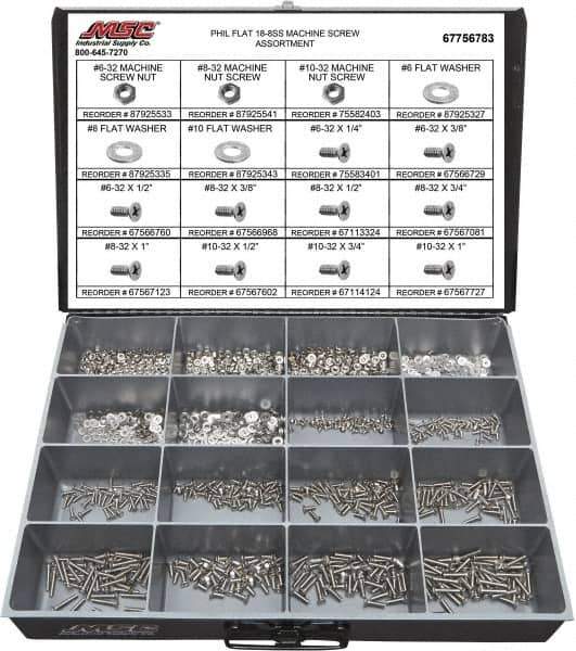 Value Collection - 1,400 Piece, #6-32 to #10-32, Stainless Steel Machine Screw Assortment - Flat Head, Phillips Drive, 1/4 to 1" Long, Grade 18-8 - All Tool & Supply