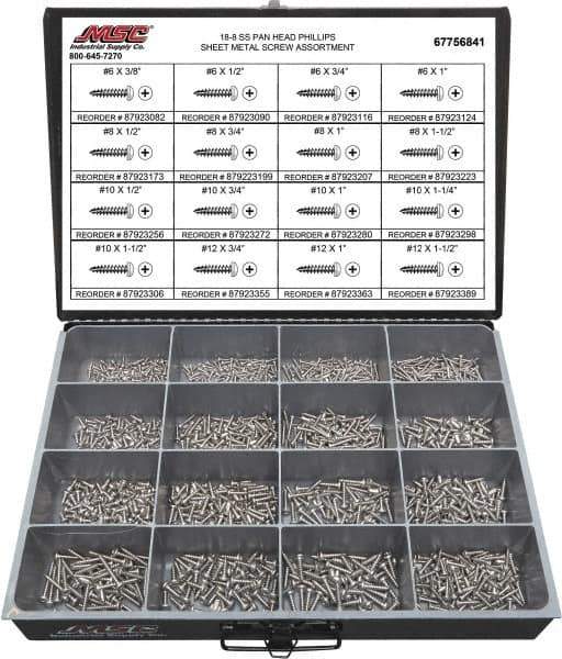 Value Collection - 1,300 Piece, #6x3/8 to #12 x 1-1/2, Stainless Steel Sheet Metal Screw Assortment - Pan Head, Phillips Drive, 3/8 to 1-1/2" Long, Grade 18-8 - All Tool & Supply