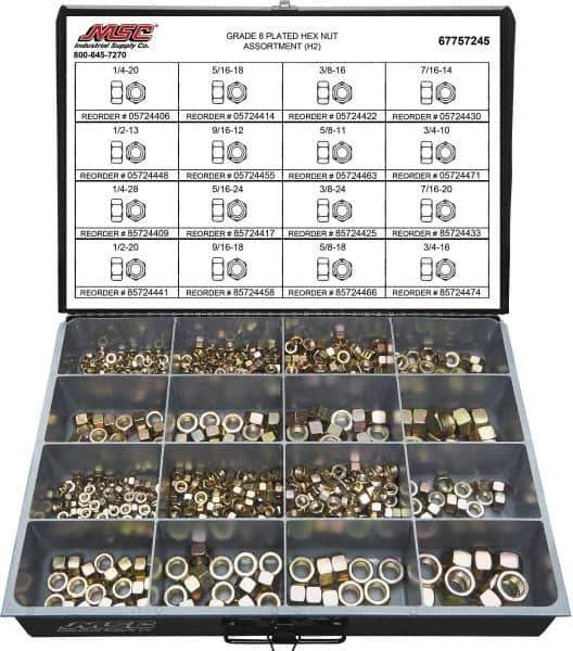 Value Collection - 1/4-20 to 3/4-16 Thread, 765 Piece Alloy Steel Nut Assortment - Grade 8 - All Tool & Supply