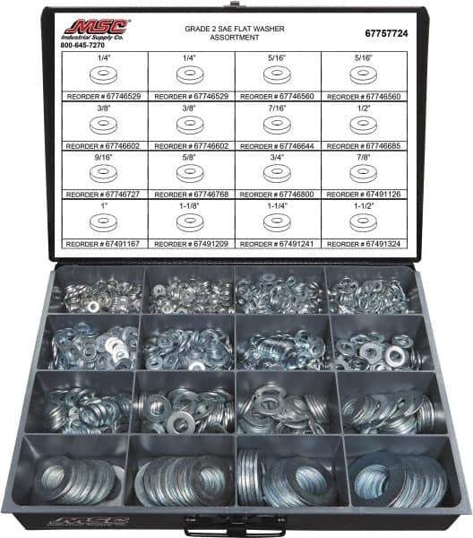 Value Collection - 1840 Piece, 1/4 to 1-1/2" Screw, Grade 2 Steel SAE Flat Washer Assortment - Includes 1/4 to 1-1/2" Screw & Compartmented Storage Case - All Tool & Supply