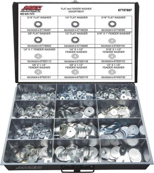 Value Collection - 1275 Piece, No. 10, 1/2" Screw, Grade 2 Steel Fender & Flat Washer Assortment - Includes 1/4 to 5/16 x 1-1/2" Screw & Compartmented Storage Case - All Tool & Supply