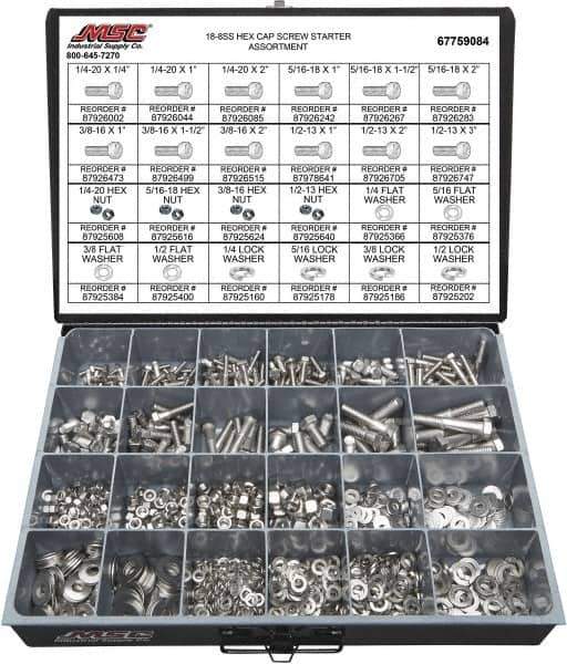 Value Collection - 1,350 Piece Stainless Steel Hex Head Cap Screws - 1/4-20 to 1/2-13 Thread, 18-8 - All Tool & Supply