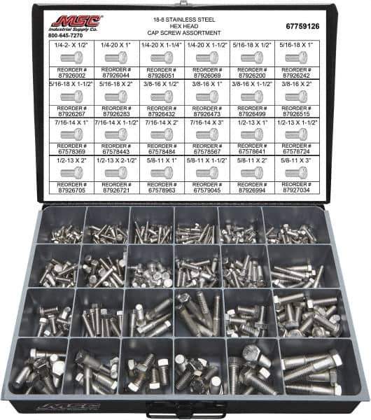 Value Collection - 375 Piece Stainless Steel Hex Head Cap Screws - 1/4-20 to 5/8-11 Thread, 18-8 - All Tool & Supply