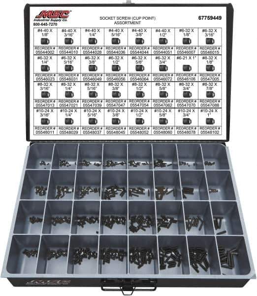 Value Collection - 710 Piece, #4-40 to #10-24, Alloy Steel Set Screw Assortment - Hex Head, Hex Socket Drive, 1/8 to 1" Long - All Tool & Supply