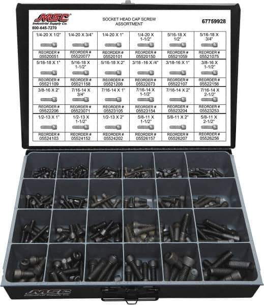 Value Collection - 375 Piece Alloy Steel Socket Head Cap Screws - 1/4-20 to 5/8-11 Thread - All Tool & Supply