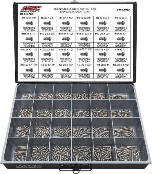 Value Collection - 800 Piece Stainless Steel Button Head Cap Screws - #8-32 to 1/4-20 Thread, 18-8 - All Tool & Supply