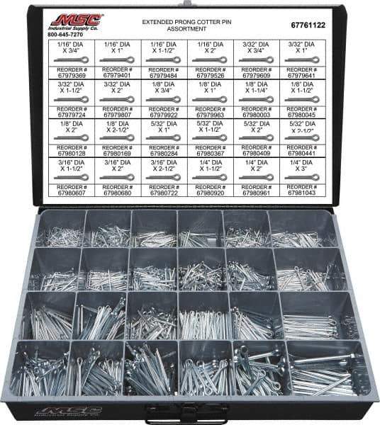 Value Collection - 2,325 Piece, 1/16 to 1/4" Pin Diam, Extended Prong Cotter Pin Assortment - 3/4 to 3" Long, Grade 2 Steel - All Tool & Supply