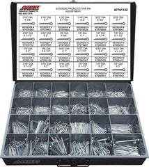 Value Collection - 2,325 Piece, 1/16 to 1/4" Pin Diam, Extended Prong Cotter Pin Assortment - 3/4 to 3" Long, Grade 2 Steel - All Tool & Supply