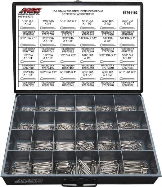 Value Collection - 1,250 Piece, 1/16 to 3/16" Pin Diam, Extended Prong Cotter Pin Assortment - 1/2 to 2" Long, 18-8 Stainless Steel - All Tool & Supply