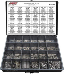 Value Collection - 115 Piece, 1/16 to 5/16" Pin Diam, Dowel Pin Assortment - 1/4 to 2" Long, 402 Stainless Steel - All Tool & Supply