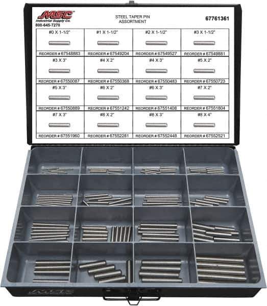 Value Collection - 130 Piece, #0 to #8" Pin Diam, Taper Pin Assortment - 1-1/2 to 4" Long, Grade 2 Steel - All Tool & Supply