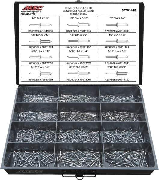 Value Collection - 1,100 Piece, 1/8 to 3/16" Hole Diam, Dome Head, Steel Blind Rivet Assortment - 1/8 to 5/8" Length, Steel Mandrel - All Tool & Supply