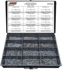 Value Collection - 1,100 Piece, 1/8 to 3/16" Hole Diam, Dome Head, Steel Blind Rivet Assortment - 1/8 to 5/8" Length, Steel Mandrel - All Tool & Supply