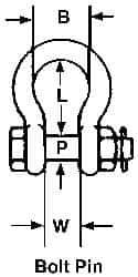 Campbell - 2" Nominal Chain Size, 35 Ton Carbon Steel Bolt Anchor Shackle - 2" Diam, 2" Pin Diam, 7-3/4" High x 3-1/4" Wide Inside Jaw, 5-3/4" Inside Width, 4-7/8" Max Body Thickness - All Tool & Supply