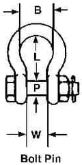 Campbell - 2" Nominal Chain Size, 35 Ton Carbon Steel Bolt Anchor Shackle - 2" Diam, 2" Pin Diam, 7-3/4" High x 3-1/4" Wide Inside Jaw, 5-3/4" Inside Width, 4-7/8" Max Body Thickness - All Tool & Supply