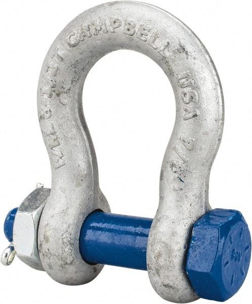 Campbell - 7/8" Nominal Chain Size, 6.5 Ton Carbon Steel Bolt Anchor Shackle - 7/8" Diam, 7/8" Pin Diam, 3-1/8" High x 1-7/16" Wide Inside Jaw, 2-1/16" Inside Width, 2" Max Body Thickness - All Tool & Supply