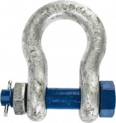 Campbell - 1" Nominal Chain Size, 8.5 Ton Carbon Steel Bolt Anchor Shackle - 1" Diam, 1" Pin Diam, 3-3/4" High x 1-11/16" Wide Inside Jaw, 2-1/2" Inside Width, 2-3/8" Max Body Thickness - All Tool & Supply