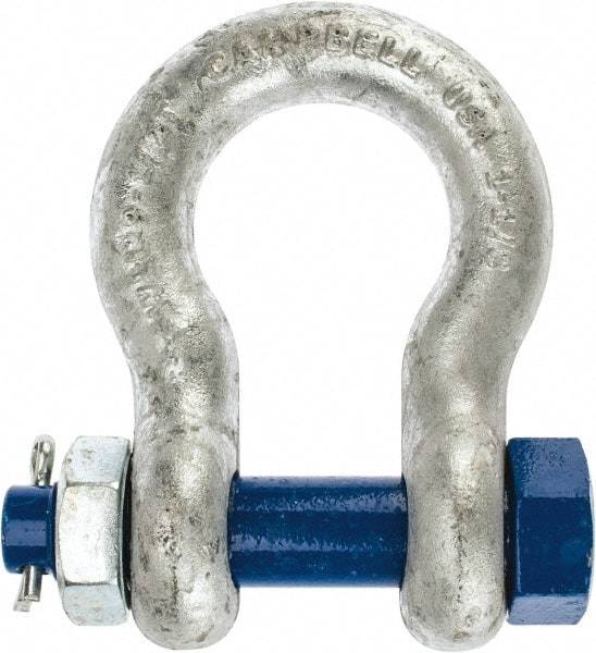 Campbell - 1-1/8" Nominal Chain Size, 9.5 Ton Carbon Steel Bolt Anchor Shackle - 1-1/8" Diam, 1-1/8" Pin Diam, 4-1/4" High x 1-13/16" Wide Inside Jaw, 2-15/16" Inside Width, 2-5/8" Max Body Thickness - All Tool & Supply