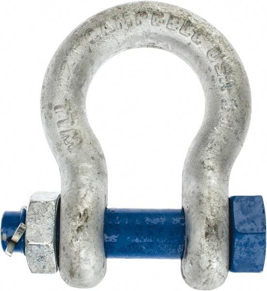 Campbell - 1-1/4" Nominal Chain Size, 12 Ton Carbon Steel Bolt Anchor Shackle - 1-1/4" Diam, 1-1/4" Pin Diam, 4-1/2" High x 2" Wide Inside Jaw, 3-1/4" Inside Width, 3" Max Body Thickness - All Tool & Supply