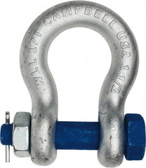 Campbell - 1-1/2" Nominal Chain Size, 17 Ton Carbon Steel Bolt Anchor Shackle - 1-1/2" Diam, 1-1/2" Pin Diam, 5-3/4" High x 2-3/8" Wide Inside Jaw, 3-7/8" Inside Width, 3-1/2" Max Body Thickness - All Tool & Supply