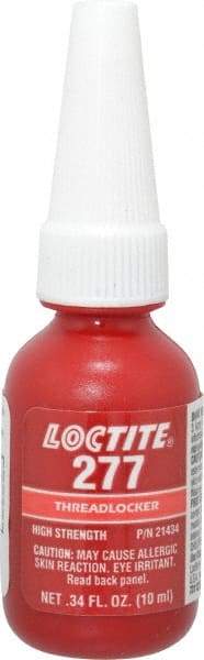 Loctite - 10 mL Bottle, Red, High Strength Liquid Threadlocker - Series 277, 24 hr Full Cure Time, Hand Tool, Heat Removal - All Tool & Supply