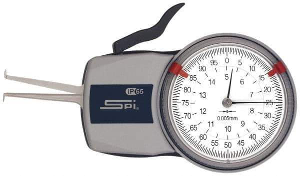 SPI - 5 to 15mm Inside Dial Caliper Gage - 0.005mm Graduation, 0.0015mm Accuracy, 35mm Leg Length, 2.3mm Deep x 0.8mm Wide Groove, Ball Contact Points - All Tool & Supply