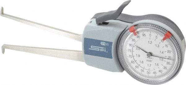 SPI - 1.2 to 2" Inside Dial Caliper Gage - 0.0005" Graduation, 0.0015" Accuracy, 3.3" Leg Length, 0.26" Deep x 0.08" Wide Groove, Ball Contact Points - All Tool & Supply