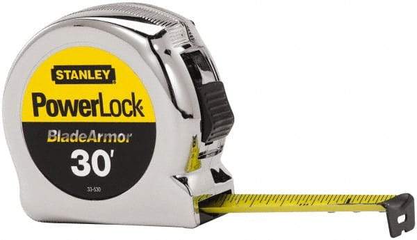 Stanley - 30' x 1" Yellow Blade Tape Measure - 1/16" Graduation, Inch Graduation Style, Silver Case - All Tool & Supply