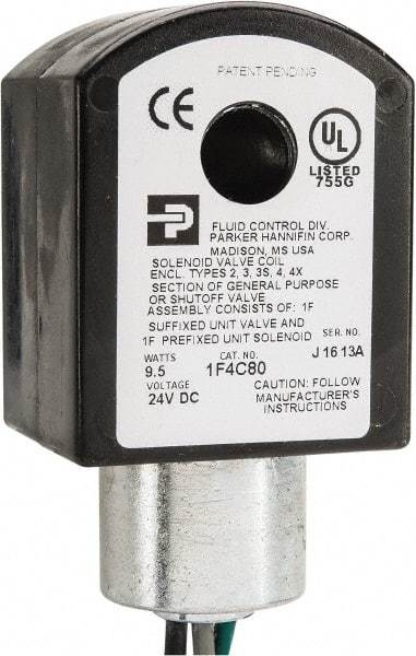 Parker - 24 Volt, 18 Coil Lead Length, Class F, Solenoid Coil - 9.5 Watt, NEMA 4X Enclosure, Use with Parker Skinner Gold Ring Series Valves - All Tool & Supply