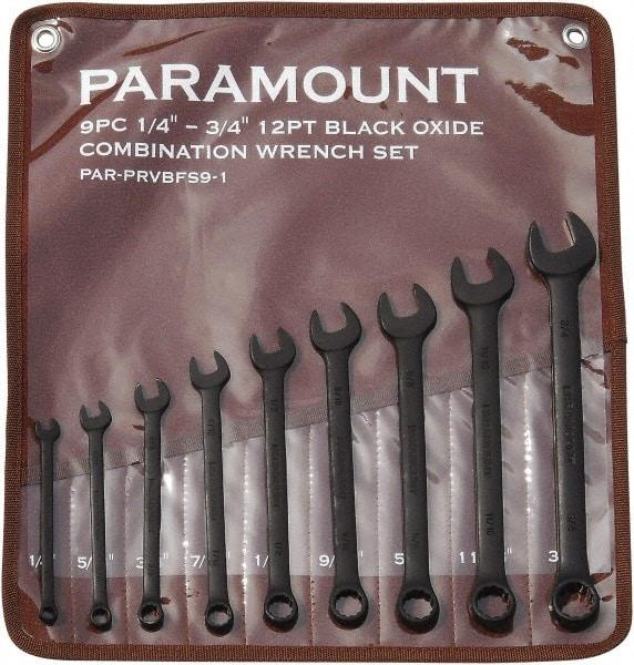 Paramount - 9 Piece, 1/4" to 3/4", 12 Point Combination Wrench Set - Inch Measurement Standard, Black Oxide Finish, Comes in Canvas Roll - All Tool & Supply