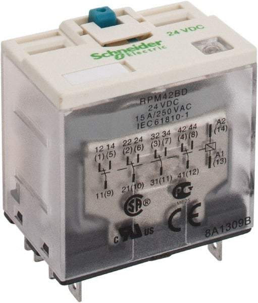 Square D - 14 Pins, Ice Cube Electromechanical Plug-in General Purpose Relay - 15 Amp at 277 V, 4PDT, 24 VDC, 41mm Wide x 39mm High x 27mm Deep - All Tool & Supply