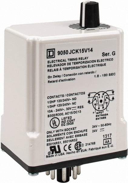 Square D - 8 Pin, 3 min Delay, DPDT Time Delay Relay - 10 Contact Amp, 24 VAC/VDC - All Tool & Supply