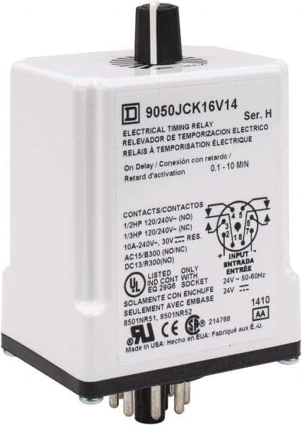 Square D - 8 Pin, 10 min Delay, DPDT Time Delay Relay - 10 Contact Amp, 24 VAC/VDC - All Tool & Supply