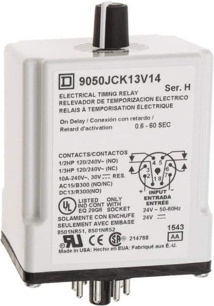 Square D - 8 Pin, 999 hr Delay, DPDT Time Delay Relay - 10 Contact Amp, 24 VAC/VDC - All Tool & Supply