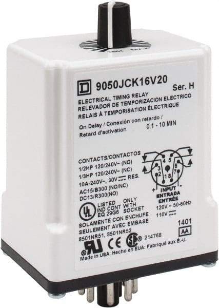 Square D - 8 Pin, 10 min Delay, DPDT Time Delay Relay - 10 Contact Amp, 110 VDC & 120 VAC - All Tool & Supply