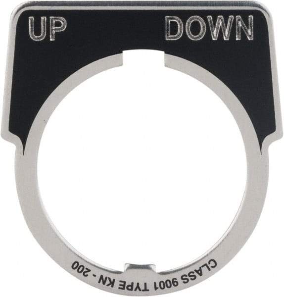 Square D - Metal Legend Plate - Up-Down - Black Background, White Letters, 30mm Hole Diameter - All Tool & Supply