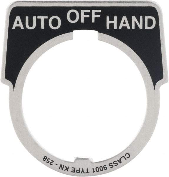 Square D - Metal Legend Plate - Auto-Off-Hand - Black Background, White Letters, 30mm Hole Diameter - All Tool & Supply