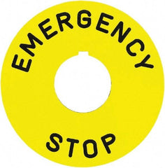 Square D - Round, Plastic Legend Plate - Emergency Stop - Yellow Background, Black Letters, 30mm Hole Diameter, 90mm Overall Diameter - All Tool & Supply