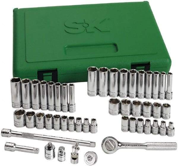 SK - 48 Piece 1/4" Drive Standard Deep Socket Set - 6 Points, 3/16 to 9/16", 4 to 15mm, Inch/Metric Measurement Standard - All Tool & Supply