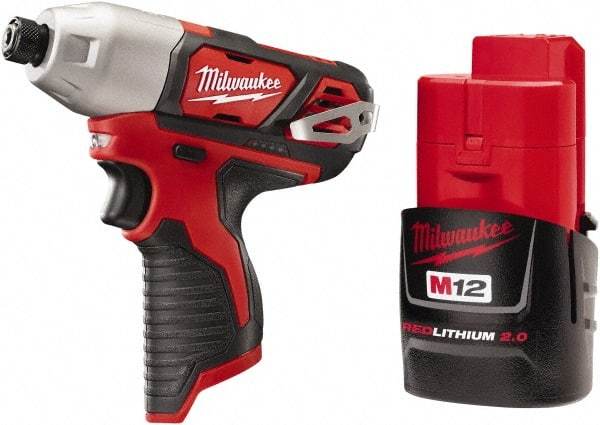 Milwaukee Tool - 12 Volt, 1/4" Drive, 1,000 In/Lb Torque, Cordless Impact Driver - Pistol Grip Handle, 2500 RPM, 1 Lithium-Ion Battery Included - All Tool & Supply