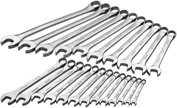 SK - 23 Piece, 8mm to 32mm, 12 Point Combination Wrench Set - Metric Measurement Standard, Chrome Finish, Comes in Rack - All Tool & Supply