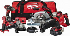 Milwaukee Tool - 18 Volt Cordless Tool Combination Kit - Includes 1/2" Hammer Drill Driver, 1/4" Impact Driver, 1-Hour Charger, Circular Saw, Contractor Bag, Cut-Off Grinder, Reciprocating Saw, Sawzall Blade & Work Light, Lithium-Ion Battery Included - All Tool & Supply