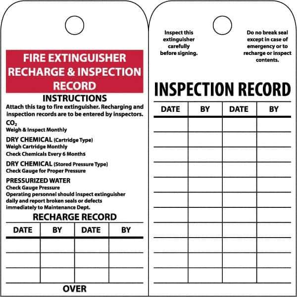 NMC - 3" High x 6" Long, FIRE EXTINGUISHER RECHARGE & INSPECTION RECORD, English Safety & Facility Inspection Tag - Tag Header: Notice, 2 Sides, White Poly - All Tool & Supply